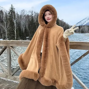 Women Faux Fur Trim Hooded Cape Winter Warm Camel Long Cloak Fashionable Outerwear Main