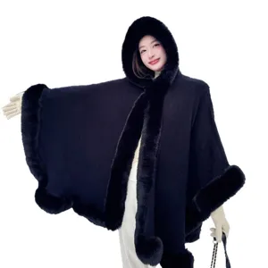 Black faux fur hooded cape for women winter warm stylish long cloak outer wear chic coat