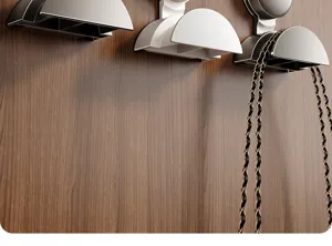 Wall-mounted punch-free hook detail showing half-circle design for bag and clothes storage.