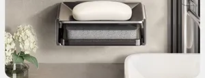 Jabonera de pared de aluminio con drenaje de doble capa para almacenamiento de baño.