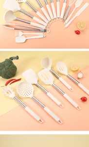 Set di utensili da cucina in silicone con manico in acciaio inox e vari cucchiai di cottura.