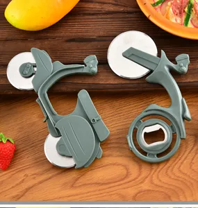 Detail shot of creative motorcycle shape pizza cutter wheel with stainless steel blade tool.