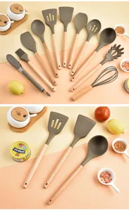 Utensili da cucina in silicone con manico in legno di faggio, set da 12 pezzi resistenti.
