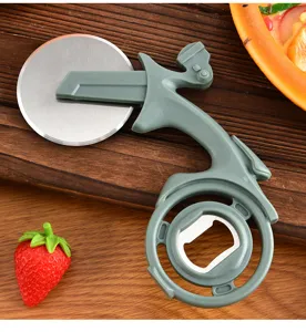Close-up of creative motorcycle shaped pizza cutter featuring sharp stainless steel roller wheel.