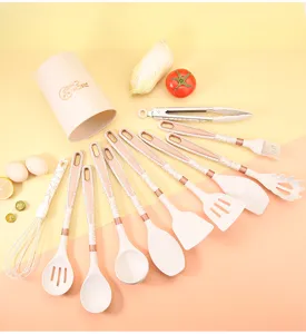 Marble pattern silicone kitchen utensil set with storage bucket, 12 pieces cooking tools.