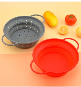Collapsible silicone colander kitchen folding drain basket for fruit and vegetable washing.
