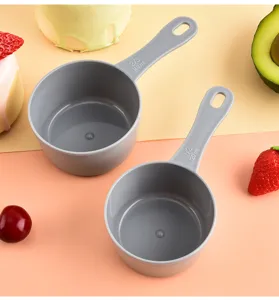 Plastic measuring cup set for baking with clear scale markings and modern grey design.