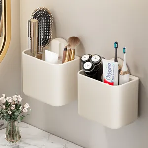 Étagère de Rangement pour Peigne à Ventouse de Salle de Bain ABS Support Organisateur de Pinceaux de Maquillage Mural Blanc Crème