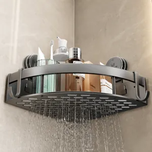 Corner shower caddy wall mounted bathroom shelf aluminum storage rack with drainage holes.