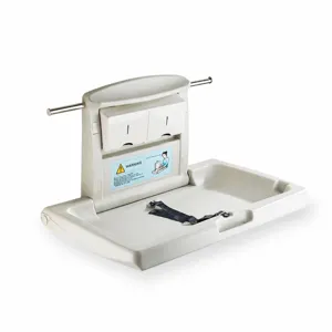 Foldable wall-mounted baby nursing table diaper changing station with safety belt and shelf.