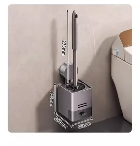 Wall-mounted toilet brush holder with dimensions, grey bathroom cleaning tool storage rack detail view.