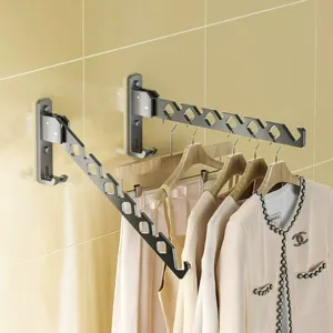 Wall Mounted Folding Clothes Drying Rack Space Aluminum Punch Free Balcony Laundry Hanger Invisible Clothes Organizer