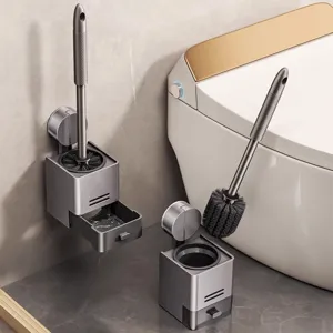 Wall Mounted Toilet Brush Holder Set Plastic Draining Toilet Cleaner With Silicone Handle For Bathroom Restroom