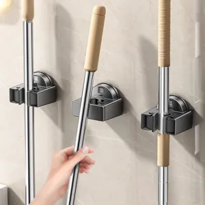 Strong Suction Cup Mop Holder Wall Mounted Bathroom Storage Rack Punch Free Broom Organizer Kitchen Hanging Stand