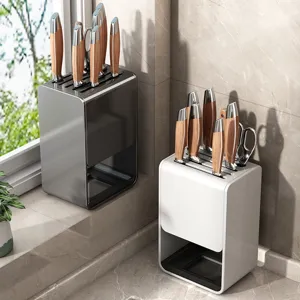 Multifunctional Kitchen Knife Holder Storage Rack Gunmetal Gray Countertop Wall Mounted Cutlery Organizer For Kitchen