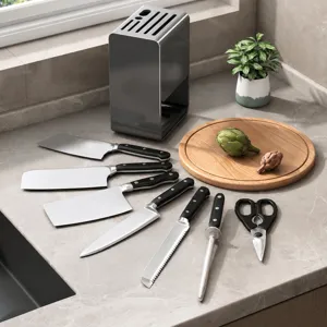 Professional kitchen knife set with modern block holder, stainless steel blades for cooking.