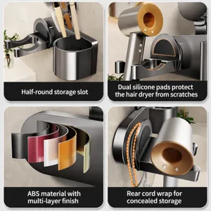 Wall-mounted hair dryer holder ABS storage rack with cable organizer and silicone protection.