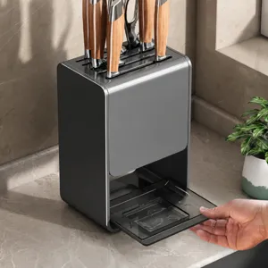 Modern kitchen knife holder countertop knife block storage rack with drainage tray and slots.