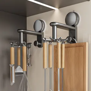 Crochet Rotatif de Cuisine Mural Sans Poinçon Ventouse Support de Rangement ABS Multi Griffes Spatule Cuillère Organisateur