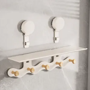 Wall-mounted suction cup shelf bathroom organizer with wooden hooks and storage tray