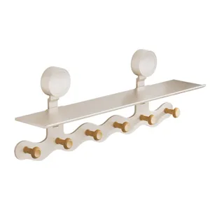 Wall-mounted suction cup bathroom shelf with wooden hooks cosmetics storage organizer rack