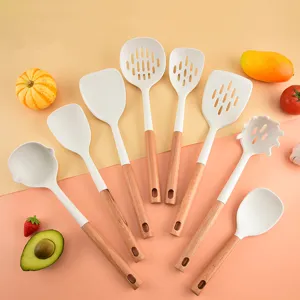 Ensemble d'Ustensiles de Cuisine en Silicone avec Poignée en Bois Antiadhésif Résistant à la Chaleur Spatule et Cuillère à Soupe