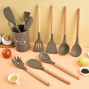 Set di Utensili da Cucina in Silicone Con Manico in Legno di Faggio Strumenti di Cottura Resistenti al Calore Spatola Frusta