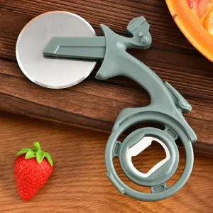 Creative motorcycle shaped pizza cutter with stainless steel wheel and bottle opener for kitchen.