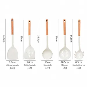 Set d'ustensiles de cuisine en silicone et bois, spatules et louches résistantes à la chaleur.