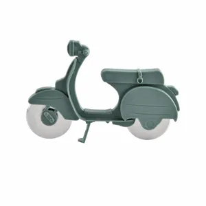 Scooter style pizza cutter with dual stainless steel wheels, creative kitchen gadget tool.