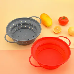 Collapsible silicone colander kitchen folding fruit vegetable washing basket double handle