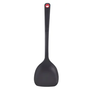 Black silicone kitchen spatula for nonstick cookware with convenient red hanging hole