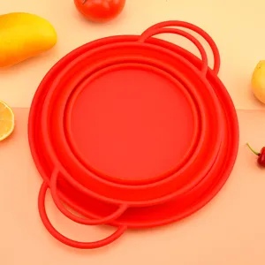 Collapsible silicone round colander kitchen vegetable washing drain basket red steamer tray.