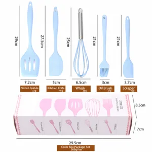 Set di 5 utensili da cucina in silicone con dimensioni della scatola e guida alle taglie