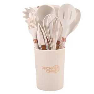 Marble pattern silicone kitchen utensil set with storage holder, non-stick cooking tools.