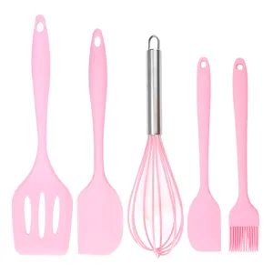 Set di utensili da cucina in silicone rosa spatola frusta pennello resistente al calore