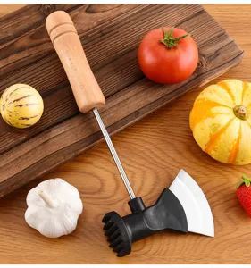 Durable stainless steel meat tenderizer axe hammer with wooden handle for kitchen cooking.