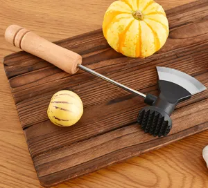 Stainless steel meat tenderizer mallet with wooden handle, perfect for beef steak and pork.