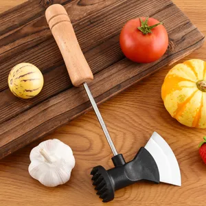 Stainless steel meat tenderizer axe, wooden handle hammer for steak, kitchen tenderizing tool.