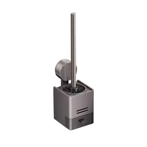 Wall-mounted toilet brush with holder, grey cleaning tool for bathroom and toilet.