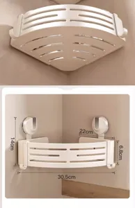 Vue de détail d'étagère d'angle de douche de salle de bain avec des dimensions.