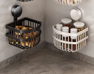 Cesta de almacenamiento con ventosa para esquina de cocina estante de pared para especias