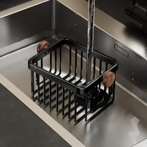 Küchenspüle Aufbewahrungskorb, schwarzes Aluminium mit Walnussholz, rostfreier Organizer.