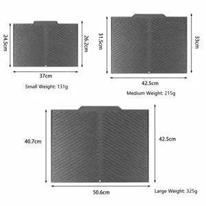 Tableau des tailles du tapis d'égouttage en silicone avec dimensions et poids.