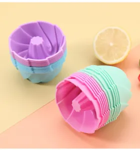 Silicone chiffon cake mold detail, colorful mini baking cups for kitchen and party use.