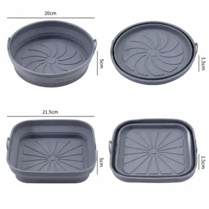 Collapsible silicone air fryer pot round and square baking mat with dimensions and weight specs.