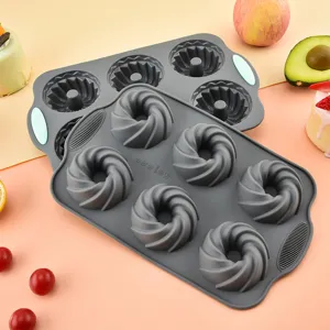 6-cavity grey silicone donut mold, flexible non-stick baking pan for cake, soap, pastry.