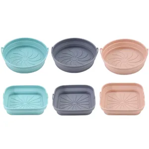 Foldable silicone air fryer pot, round and square baking liners, multi-color kitchen tools.
