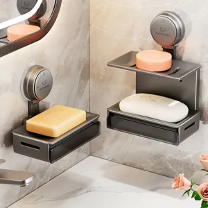 Wall-mounted soap holder with suction cup, dual layer space aluminum bathroom organizer shelf.