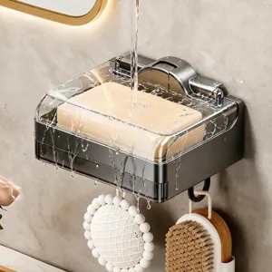 Wall-mounted soap dish with transparent cover, punch-free draining bathroom soap holder box.